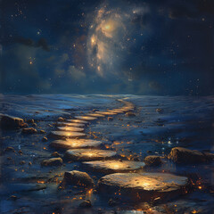 A painting of a path of stepping stones on a beach at night