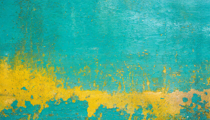 light teal old rusty grunge background with splashes of yellow paint