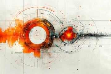 Abstract digital art featuring an orange circular technological interface with intricate patterns on a grayscale backdrop.