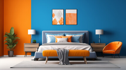Stylish Bedroom with Blue and Orange Color Scheme, Modern Furniture, and Artistic Flair