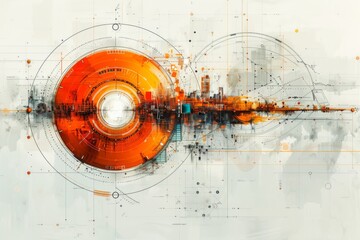 Abstract digital art featuring an orange circular technological interface with intricate patterns on a grayscale backdrop.