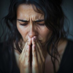 Navigating Hardship: Grieving Woman with Folded Hands, Expressing Sorrow and Pain