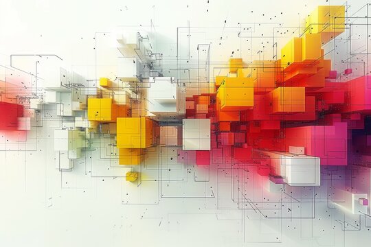 Abstract image with a blend of bright orange, red, and purple hues with scattered rectangular blocks and data lines.