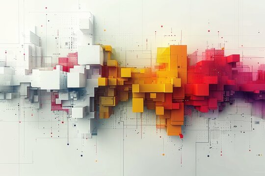 Abstract image with a blend of bright orange, red, and purple hues with scattered rectangular blocks and data lines.