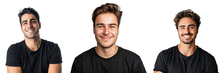 Fototapeta premium Portrait Collection of man with a black shirt with a joyful face isolated on a white background as transparent PNG 