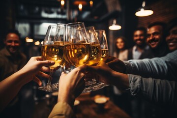 Close up of hands raising and clinking glasses in a joyful toast at celebration or party event - obrazy, fototapety, plakaty