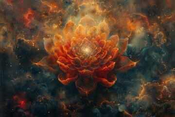 A glowing cosmic lotus flower with red and orange petals against a dark, star-filled space backdrop, symbolizing cosmic beauty.