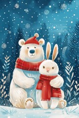 holiday, two characters art postcard, white bear and white bunny