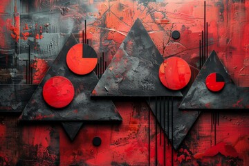 Grungy geometric composition with red and black shapes, including triangles and circles, against a...