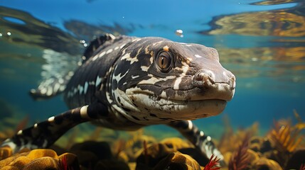 Fototapeta premium Colorful tropical predatory fish swims in clear fresh water among underwater plants. concept: predatory fish, aquatic world, underwater ecosystem