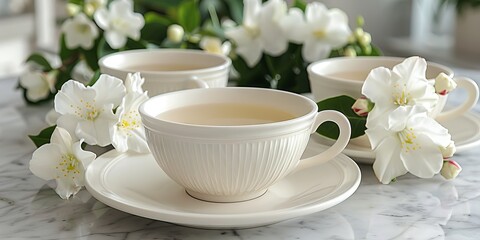 jasmine tea among the flowering branches of buds on a light wooden background. Concept: herbal...
