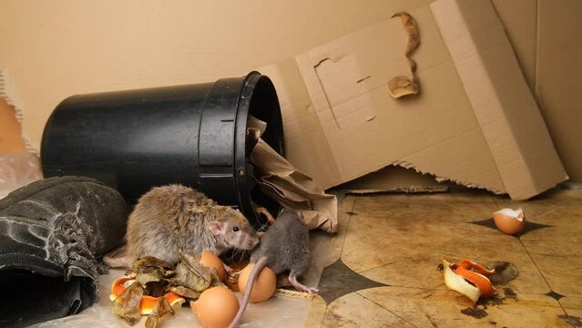 Gray rat, garbage, food waste.