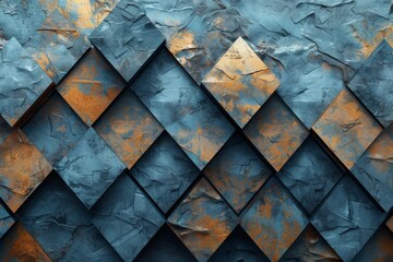 A pattern of blue and orange geometric shapes creating a textured, angular, and dynamic abstract...