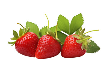 Three strawberries with leaf isolated on transparent or white background, png