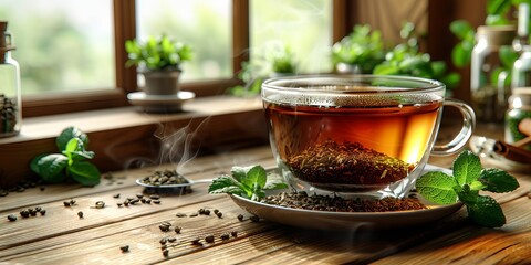 a cup of strong black tea with a lot of tea leaves at the bottom. wooden background