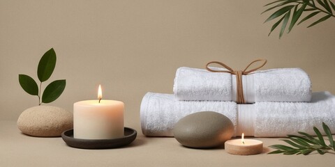 Fototapeta na wymiar Spa still life with towels, candles and stones on beige background.