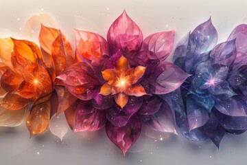 An artistic representation of a cosmic flower, with petals in shades of purple, orange, and blue, adorned with starry speckles.
