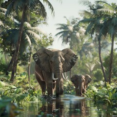 Naklejka premium Elephants and forest, trees greenery, water
