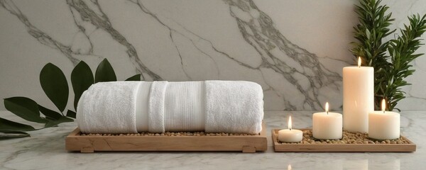 Spa towels and candles on white marble table.