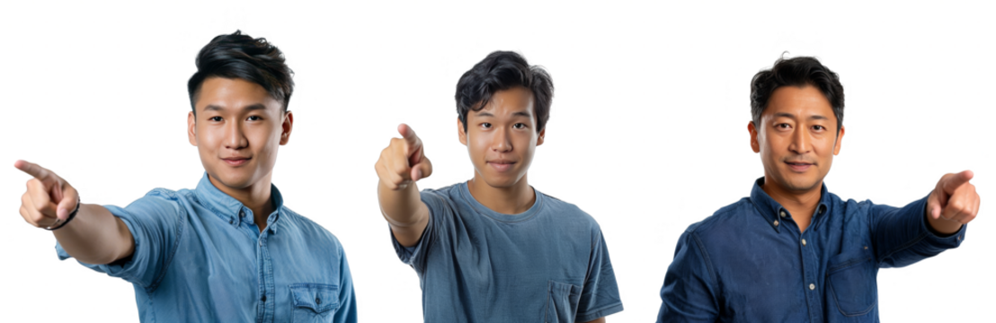 Portrait Collection of asian man in blue shirt with pointing hand pose isolated on a white background as transparent PNG
- Powered by Adobe