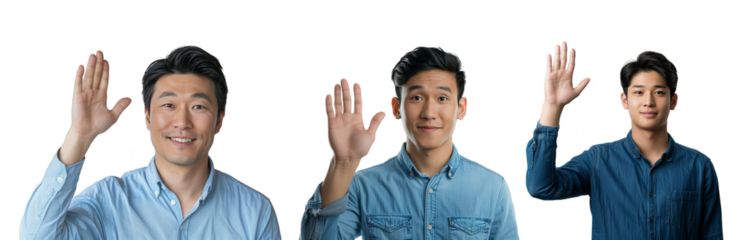 Portrait Collection of asian man in blue shirt with waving hand pose isolated on a white background as transparent PNG
