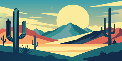 Vibrant flat illustration of a desert landscape at sunset, featuring cacti and a curving road. Festive poster, mexican background, Mexico backdrop for festival Cinco de mayo