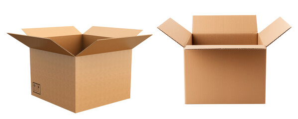 Realistic cardboard box set, open isolated. Parcel packaging template.