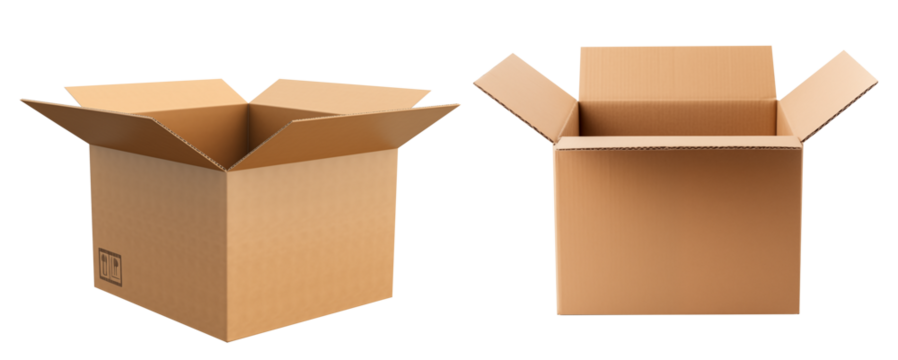 Realistic cardboard box set, open isolated. Parcel packaging template.