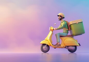 3D cartoon happy delivery man riding yellow scooter with package on back