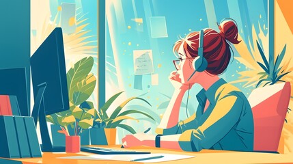 Illustration of a person working hard in front of the computer. Depict a full of tasks environment.