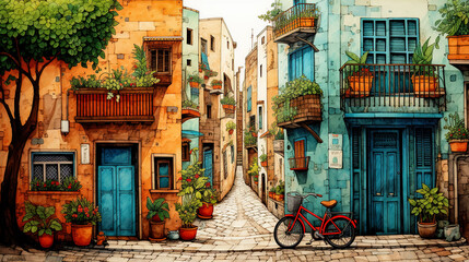 Fototapeta na wymiar Beautiful colorful houses on the streets of the old city bicycles. Fantasy cityscape. Naive art style storybook illustration.