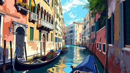 Venice Gondola Lanes cartoon - obrazy, fototapety, plakaty