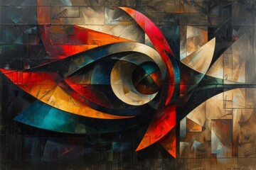 Abstract painting of an eye-like structure in bold red, black, and gold, surrounded by fragmented geometric shapes.