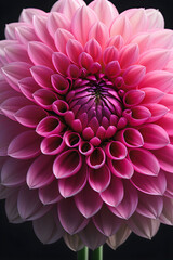 Drama in Bloom: A captivating dahlia unfurls its magnificent pink petals against a stark black background, highlighting its unique form in a mesmerizing display of contrast. generative AI