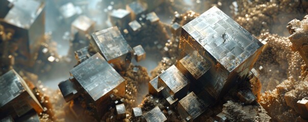 Close-up of gleaming pyrite crystals - This image showcases the intricate details of shiny pyrite crystals resembling miniature metallic cities