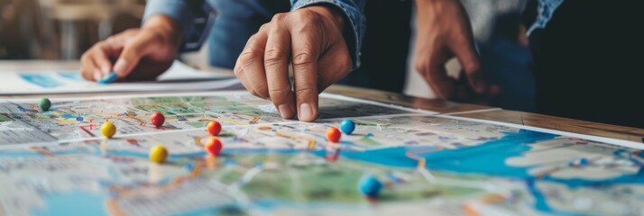 Focused planning over a travel map - Hands pointing at various destinations on a map, suggesting meticulous travel planning and adventure - obrazy, fototapety, plakaty