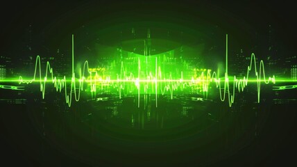 Futuristic green waveform on dark background - This striking image features an intense green waveform pulsating through a dark backdrop, suggesting innovation and energy