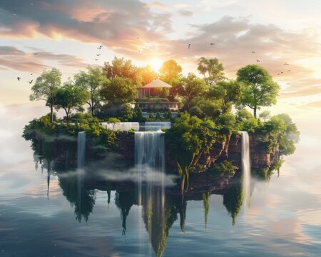 Floating island with a house and waterfall - A serene floating island with lush greenery, a cozy house, and a cascading waterfall under a sunset sky