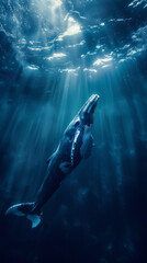 Humpback whale ascending to ocean surface - Stunning image of a humpback whale with mouth open, ascending towards the light beams shining through ocean water