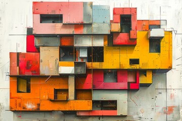 Colorful geometric abstraction with a layered block design in shades of red, orange, yellow, and gray.