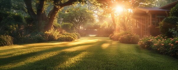 Lush garden lawn next to a cozy suburban home - Warm sunlight kisses a well-manicured lawn and garden beside a welcoming suburban house - obrazy, fototapety, plakaty