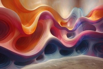 A fluid and dynamic wall mural with undulating waves of color transitioning from warm to cool tones.