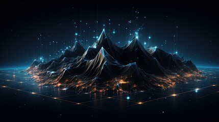 Illustrate the abstract resilience of IT systems, with digital mountains representing the strength to withstand challenges