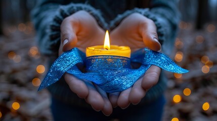 A burning candle in a man’s hands close-up, blue-yellow fabric. Concept: grief and memory of the departed. - obrazy, fototapety, plakaty