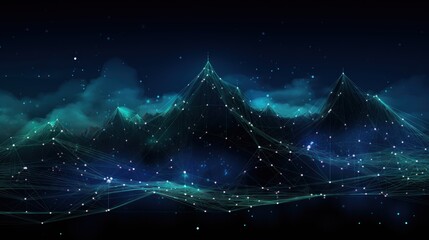 Illustrate the abstract resilience of IT systems, with digital mountains representing the strength to withstand challenges