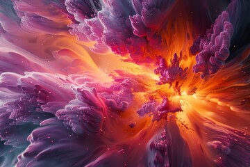 Vivid abstract floral imagery bursting with intense colors and organic shapes, suggestive of an explosive bloom.