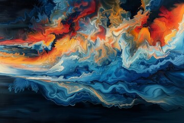 Vibrant abstract painting with swirling patterns of orange, red, and blue suggesting tumultuous natural phenomena. - obrazy, fototapety, plakaty