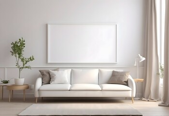 A white, blank poster frame in a living room, generative AI
