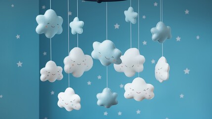 Cheerful baby mobile featuring fluffy clouds and stars hanging above a crib on a serene sky-blue background.