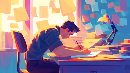 Illustration of a person working hard in the working desk Depict a full of tasks environment.